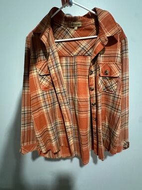 Orange Plaid Button-Up Shirt Jacket